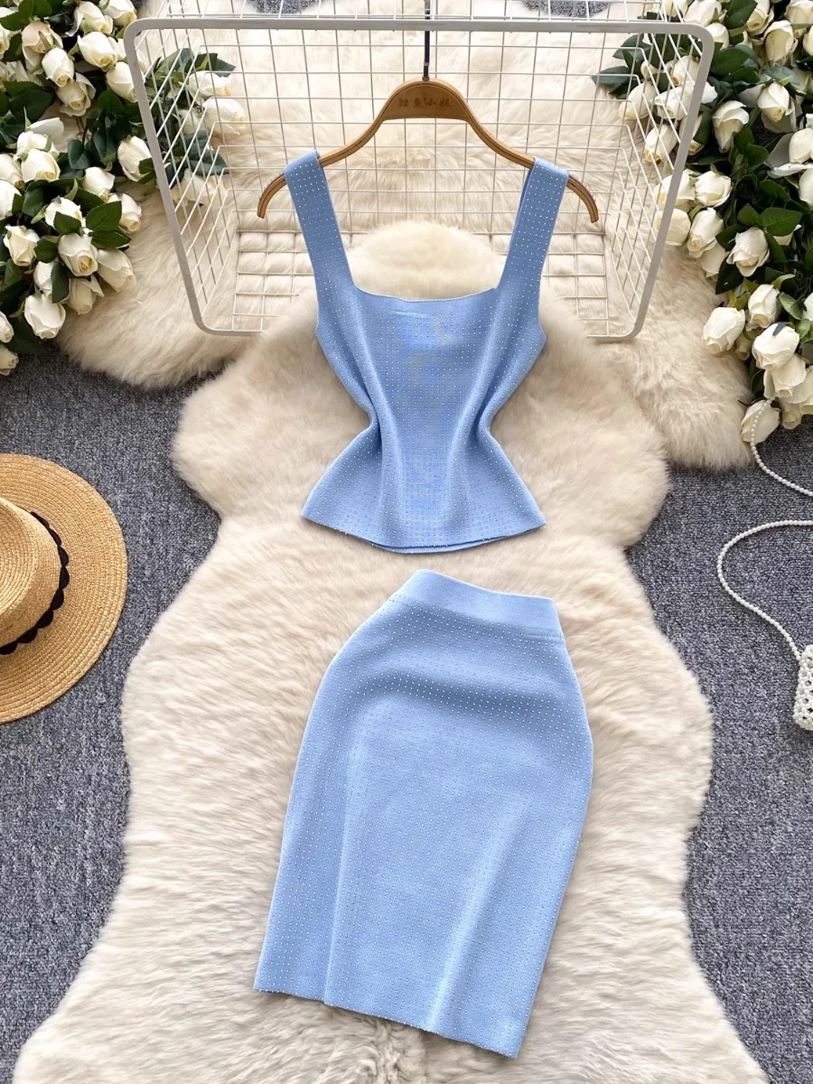 Mode Fuchsia Strass Stricken Zwei-Stück Set Frauen Square Neck Crop Top Bodycon Rock Party Date Schlank Outfit