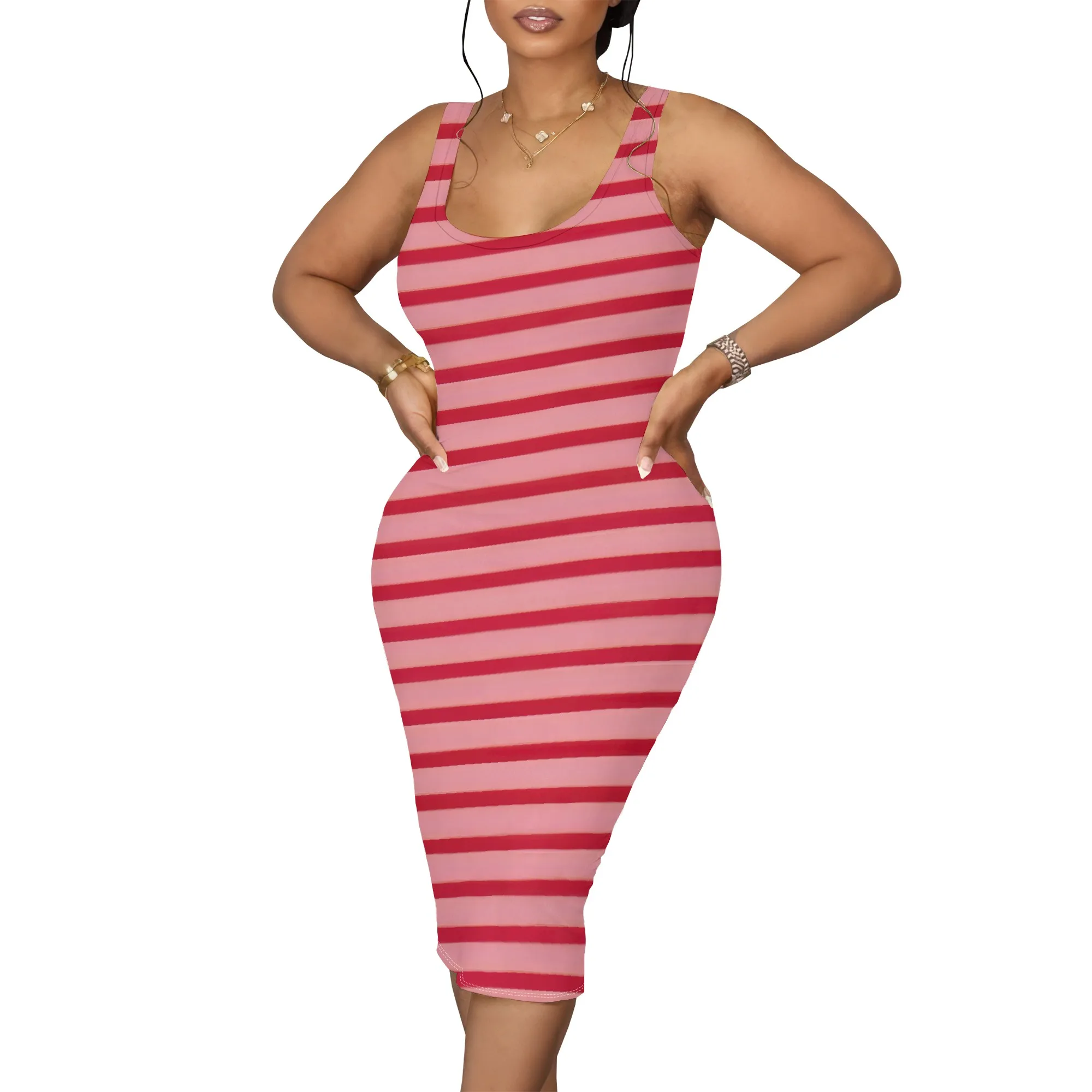 สตรี 2025 ฤดูร้อนลายแขนกุด Midi ชุดเข้ารูป Beach Sundresses