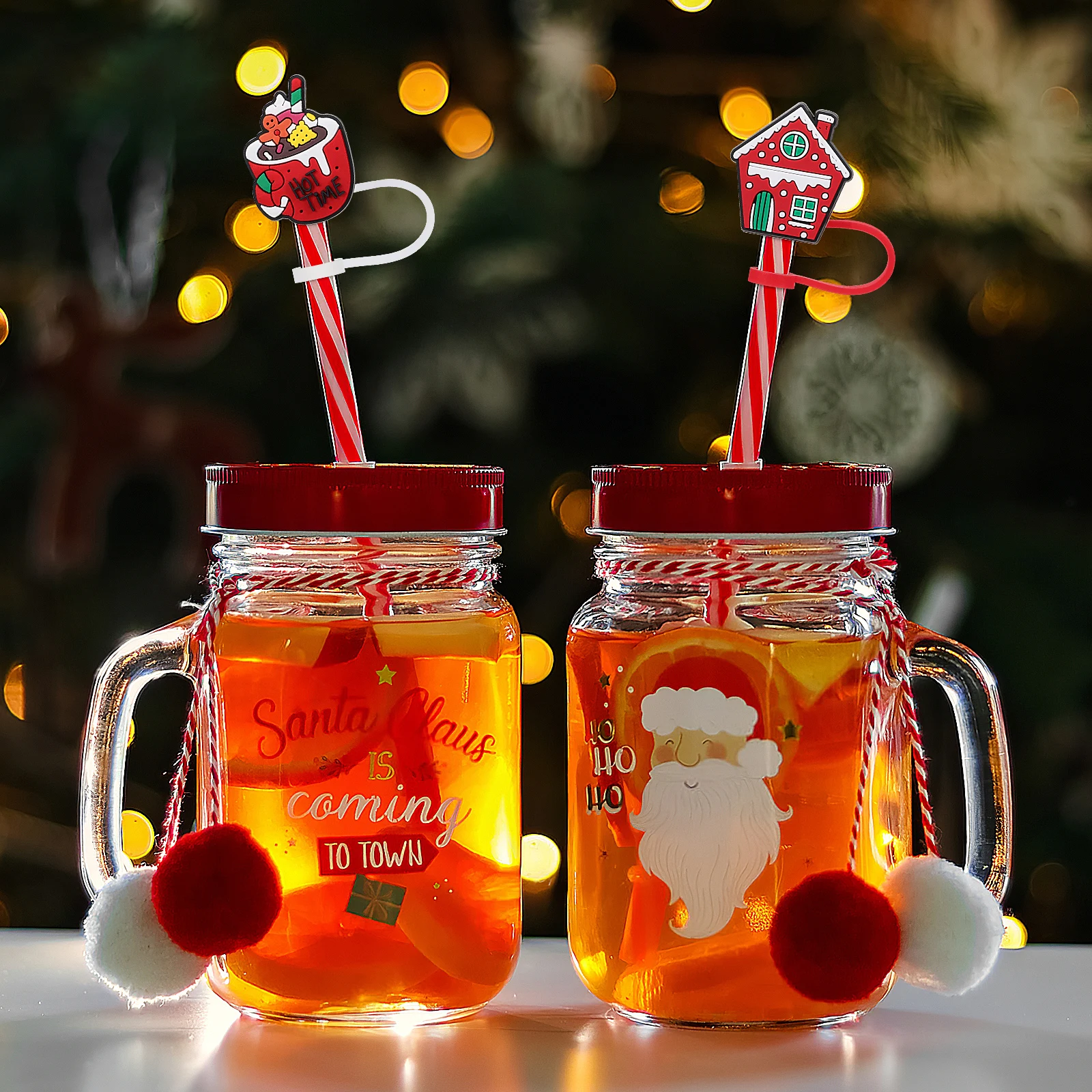 

9pcs Silicone Covers Cap Reusable Christmas Themed Protectors Drinking Straw End Plugs Decorative Straw Toppers For Bar