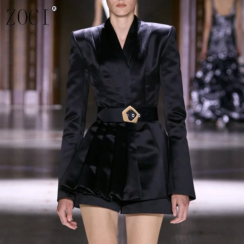 

ZOCI элегантный пиджак с поясом для женщин, пиджаки с v-образным вырезом и длинными рукавами, лоскутное пальто с оборками и длинными рукавами, женские топы