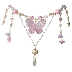 F42F Fashion Beaded Butterfly Pendant Necklace Adjustable Chain Necklaces Accessory