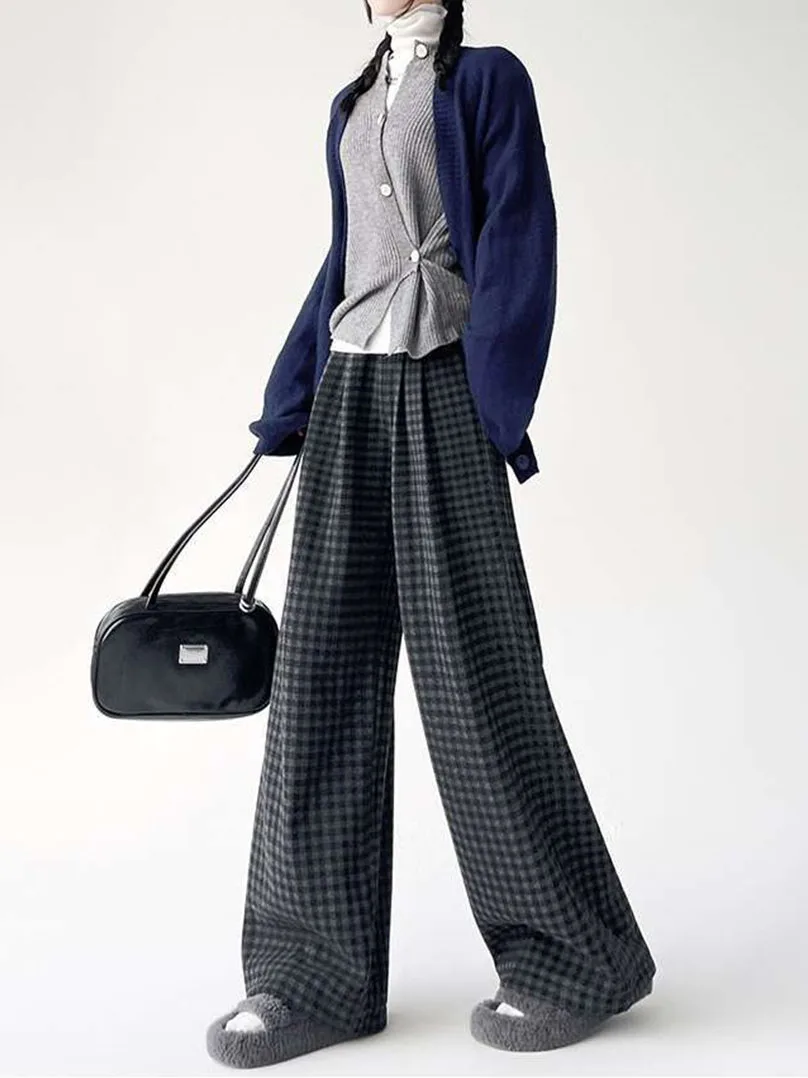 منقوشة طباعة شتاء دافئ بنطال ذو قصة أرجل واسعة المرأة عادية عالية الخصر الشارع مستقيم بنطلون Hatajuku Y2k شيك ملابس عصرية الكورية #4