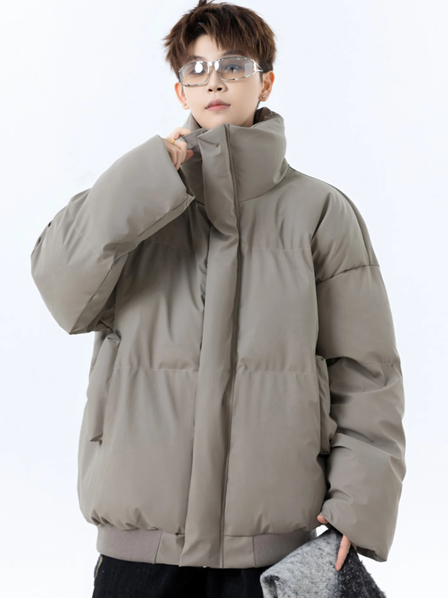 

Men's ort PU Leather Collar Cotton Jaet Winter Thi Warm Cold Resistant Bread Sle Outerwear Trendy Cleanfit Long Sve