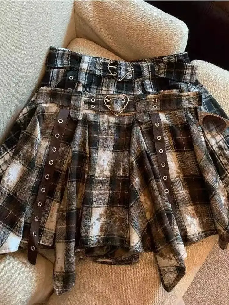 

Autumn Winter New Irregular Contrast Color High Waist Plaid A-line Short Skirt Retro Niche Design Sense Pleated Skirt