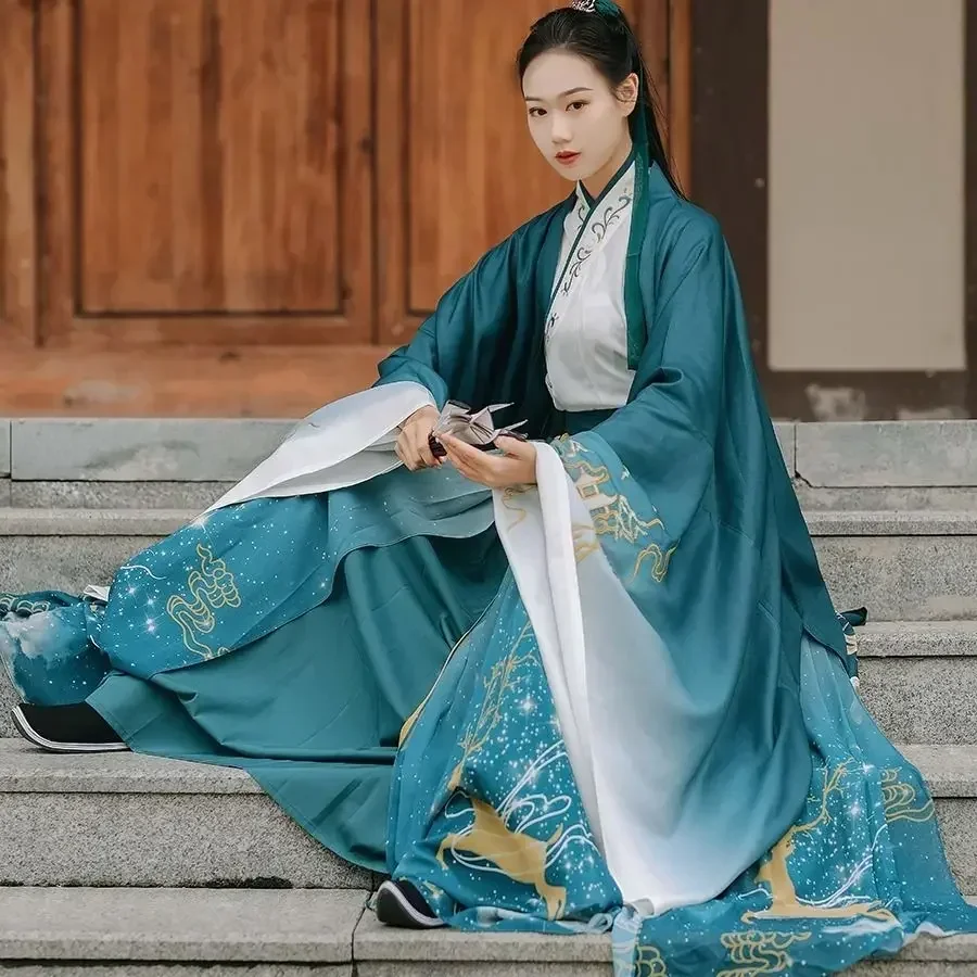 

Gradient Green Elk Embroidery Women Hanfu Clothes Traditional Hanfu Set Chinese Dress Carnival Cos Costume