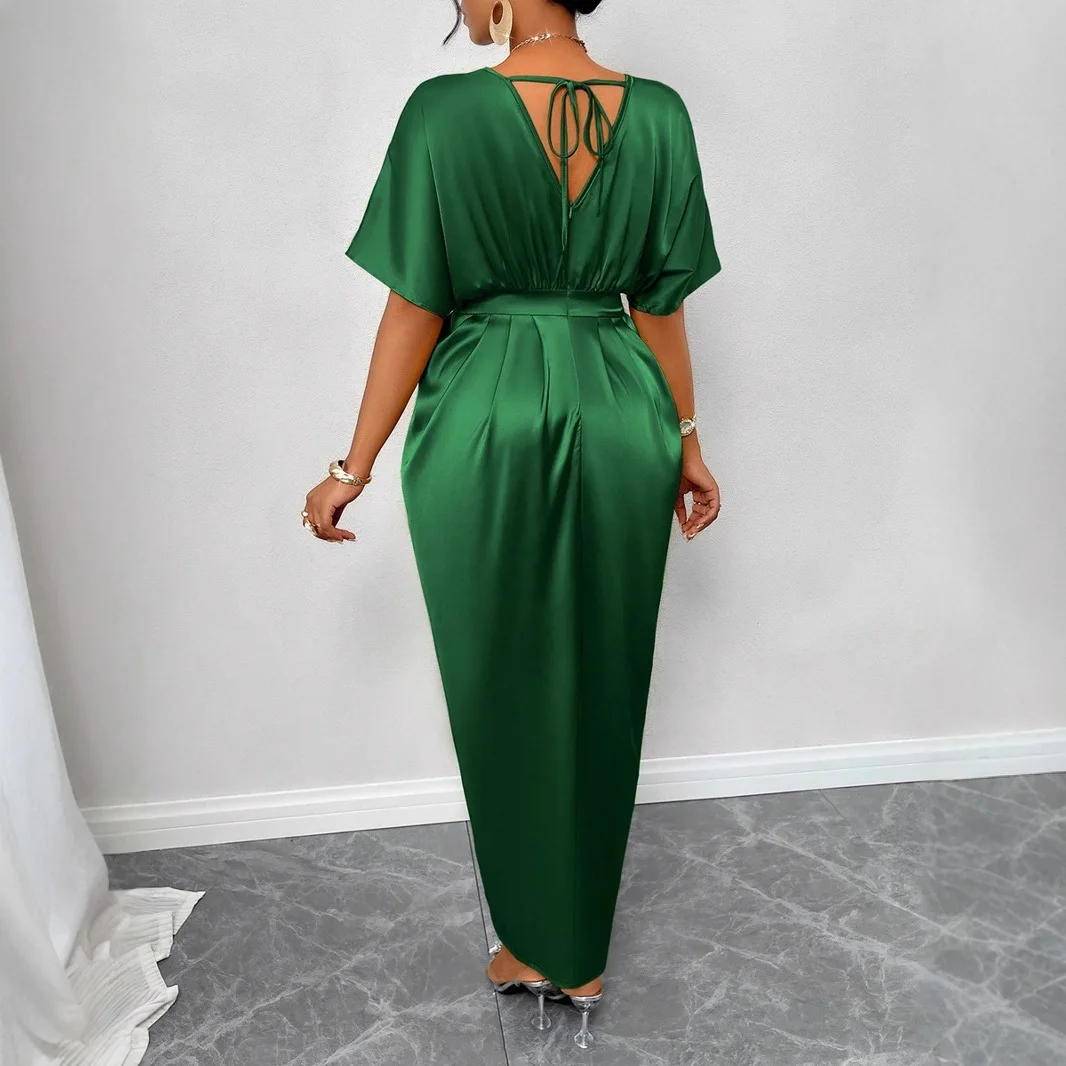 女性用 エレガント サテン Vネック 半袖 ウエストスリット ロング マキシドレス ビーチ 誕生日 イブニング セクシー パーティードレス ボールガウン ドレス
