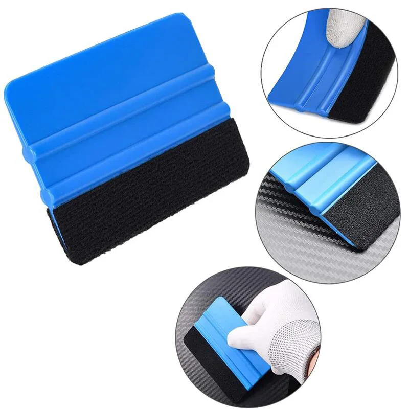 Blue Car Auto Styling Vinyl Carbon Fiber 10x7cm Window Ice Remover Cleaning With Felt Squeegee Tool Film Wrapping Wash Scraper