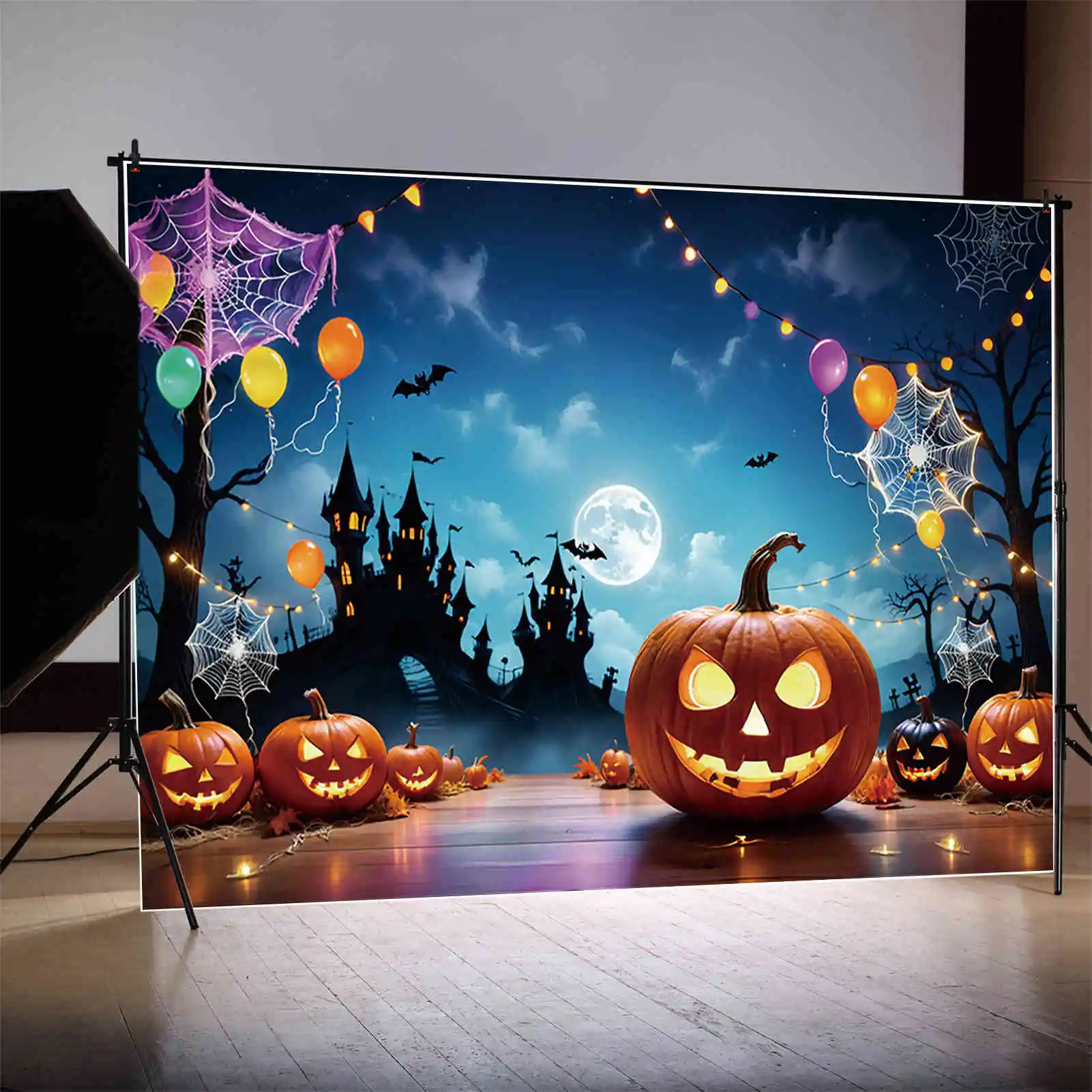 MOON.QG Halloween Party Child Photography Backdrop Pumpkin Balloon Castle Photographic Background Outdoor Photo Studio Back Drop