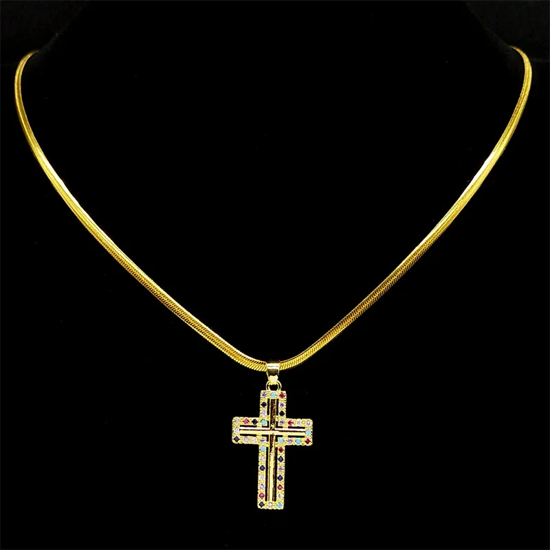 Colorful Jesus Cross Pendant Necklace for Women Stainless Steel Gold Plated Copper Zircon Religious Amulet Jewelry Party Gift