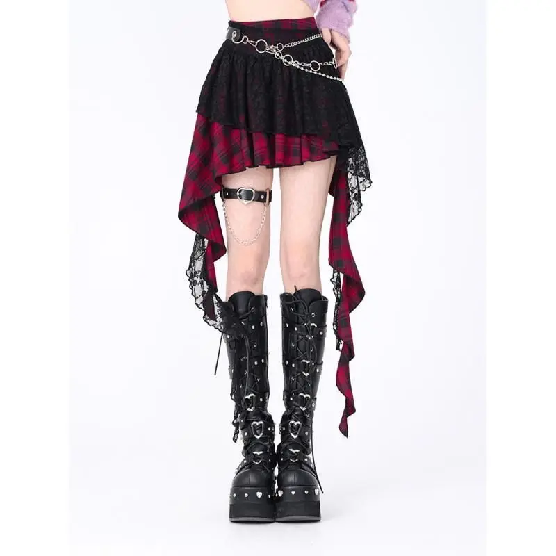 Ruibbit Gothic Punk Rock Irregular Kawaii Plaid Skirt Harajuku Y2k Girls Streetwear High Waist Asymmetric Lace Short Skirt