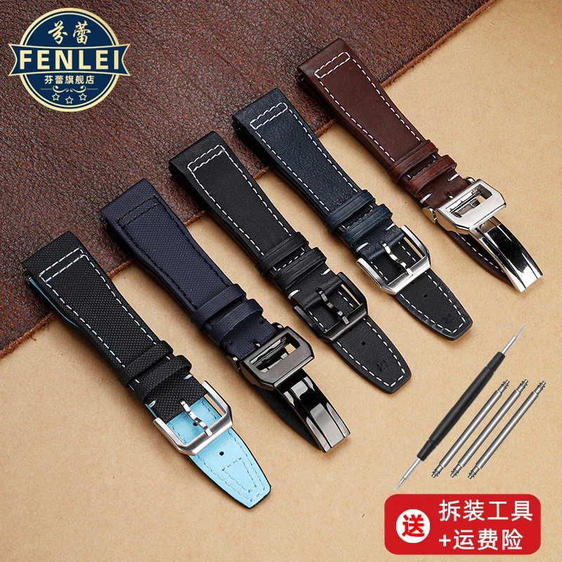 Folding buckle leather strap for IWC Pilot Mark 20 men's quick release top layer calf leather strap 20mm  21mm