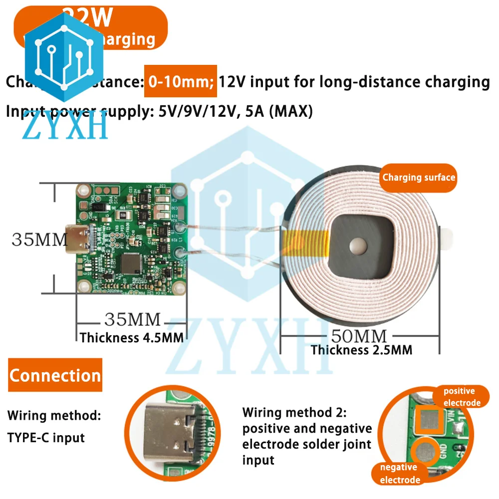 وحدة إرسال شاحن لاسلكي Type-C لوحة دوائر ، QI Standard ، DC 12V ، شحن سريع لشاوميو ، هواوي ، آيفون ، 20 واط ، 22 واط