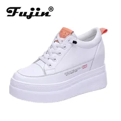 Fujin 2024  8.5cm Platform Wedge Sneakers Height Increased Shoes Genuine Leather for Women Spring Autumn Shoes White