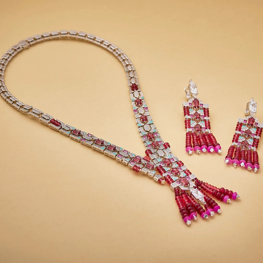 EYER Fashion Unique Bridal Jewelry Set Colorful Green Red Tassel Necklace Earrings For Women Wedding Party Evening Dress Jewelry