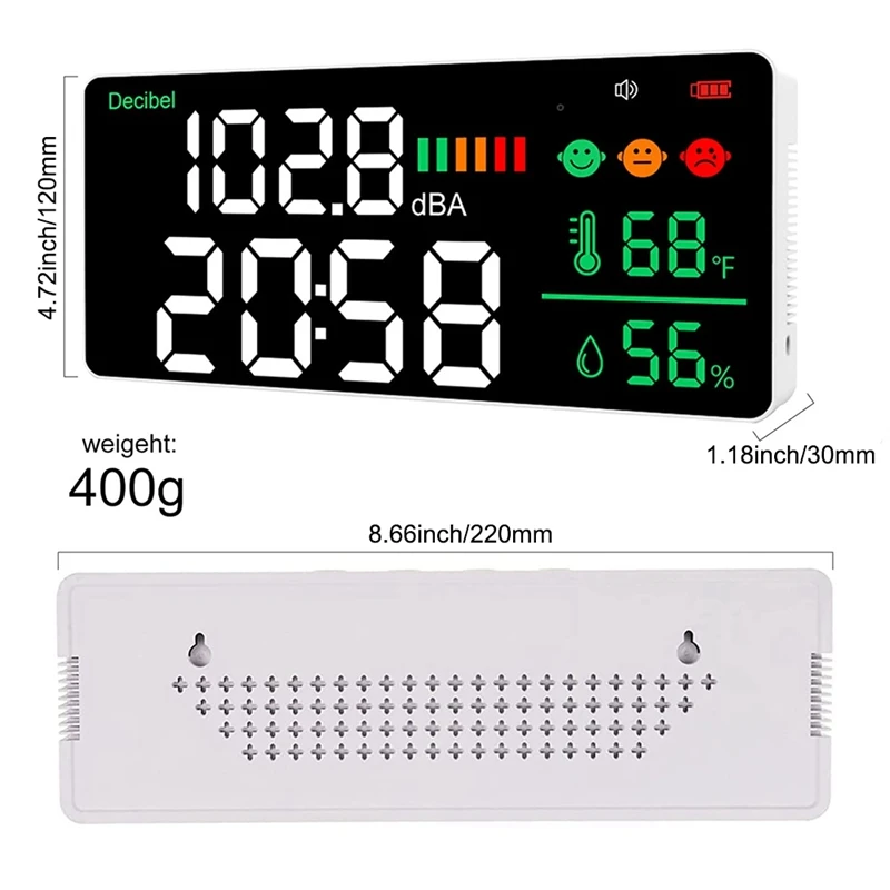 Decibel Meter Wall Hanging Sound Level Meter 30-130DB Range 8.6 Inch Large LED Display Noise Time Temperature