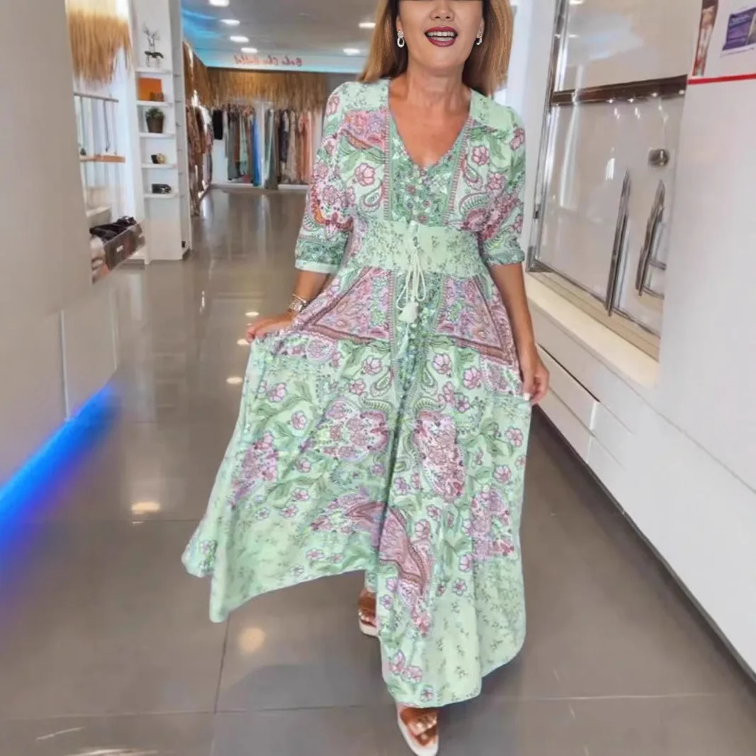 

New Women's Sweet Dress With Large Hemline Mid Sleeves Summer Floral Print Long Dress V-neck Waist Cinching, Slimming Effect