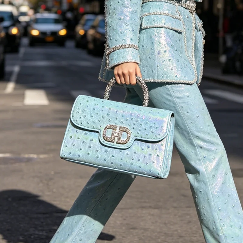 

2026 New Diamonds Ostrich Pattern Leather Women's Handbags Spring/Summer New Tote Bag Single Shoulder Crossbody Bags Fashion