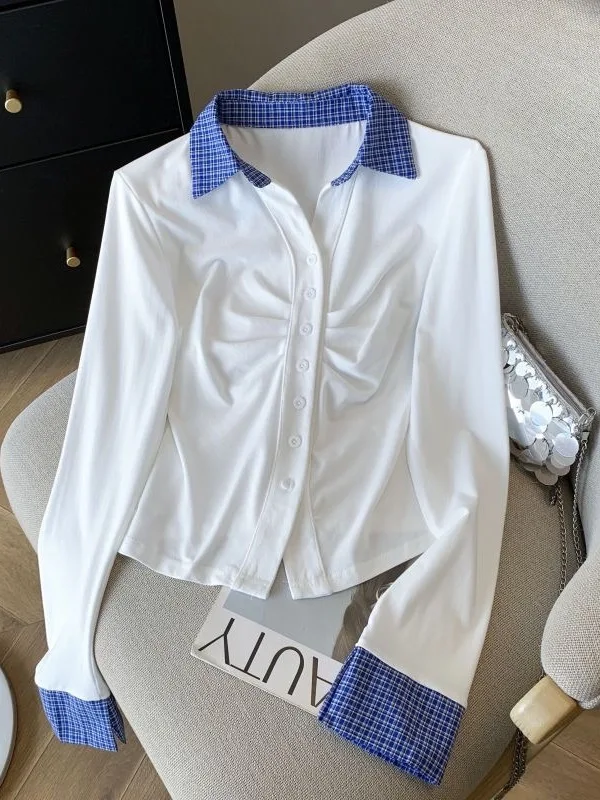 Retro lavorato a maglia lungo Sve irt Patchwork casual da donna Colletto rovesciato Primavera Autunno Faionable Ele Top piegato