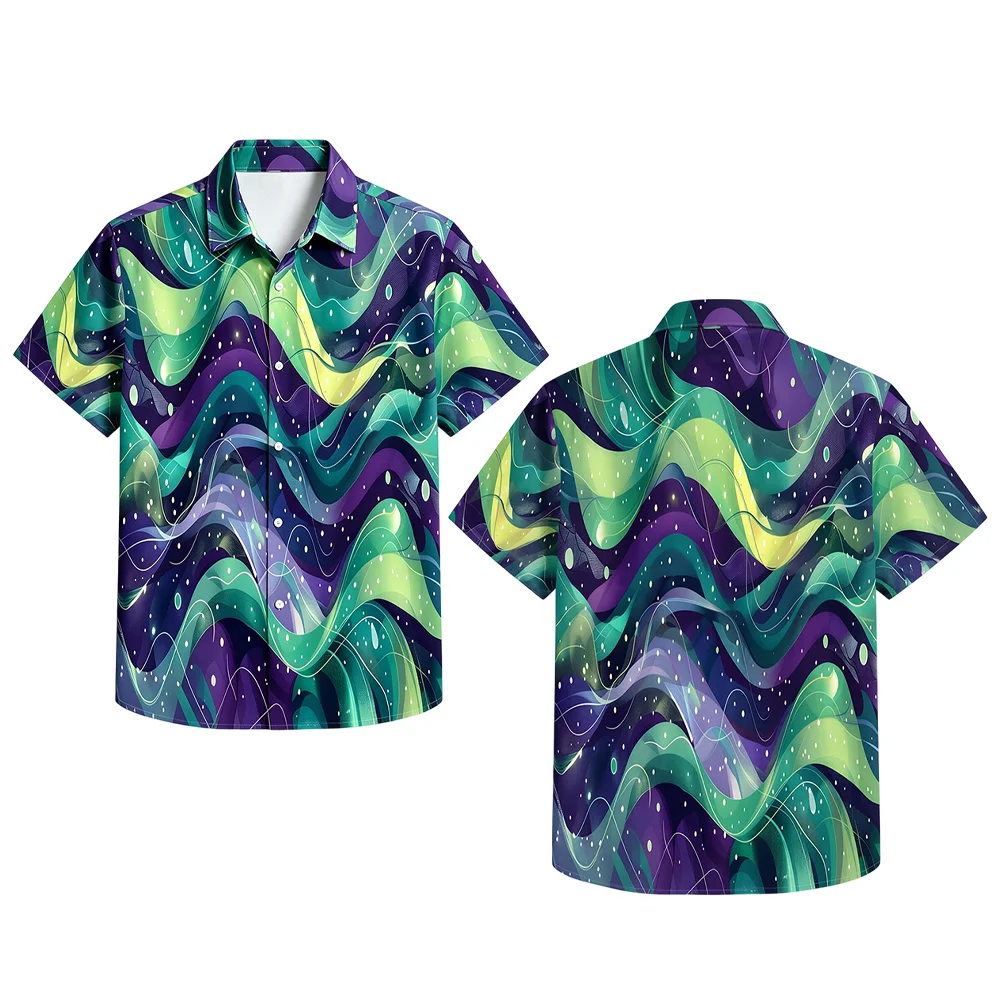 2026 New Aurora Nebula Wave Print Men's Outdoor Street Fashion Short Sleeve Tops Loose Casual Soft Cotton Holiday Beach Shirt