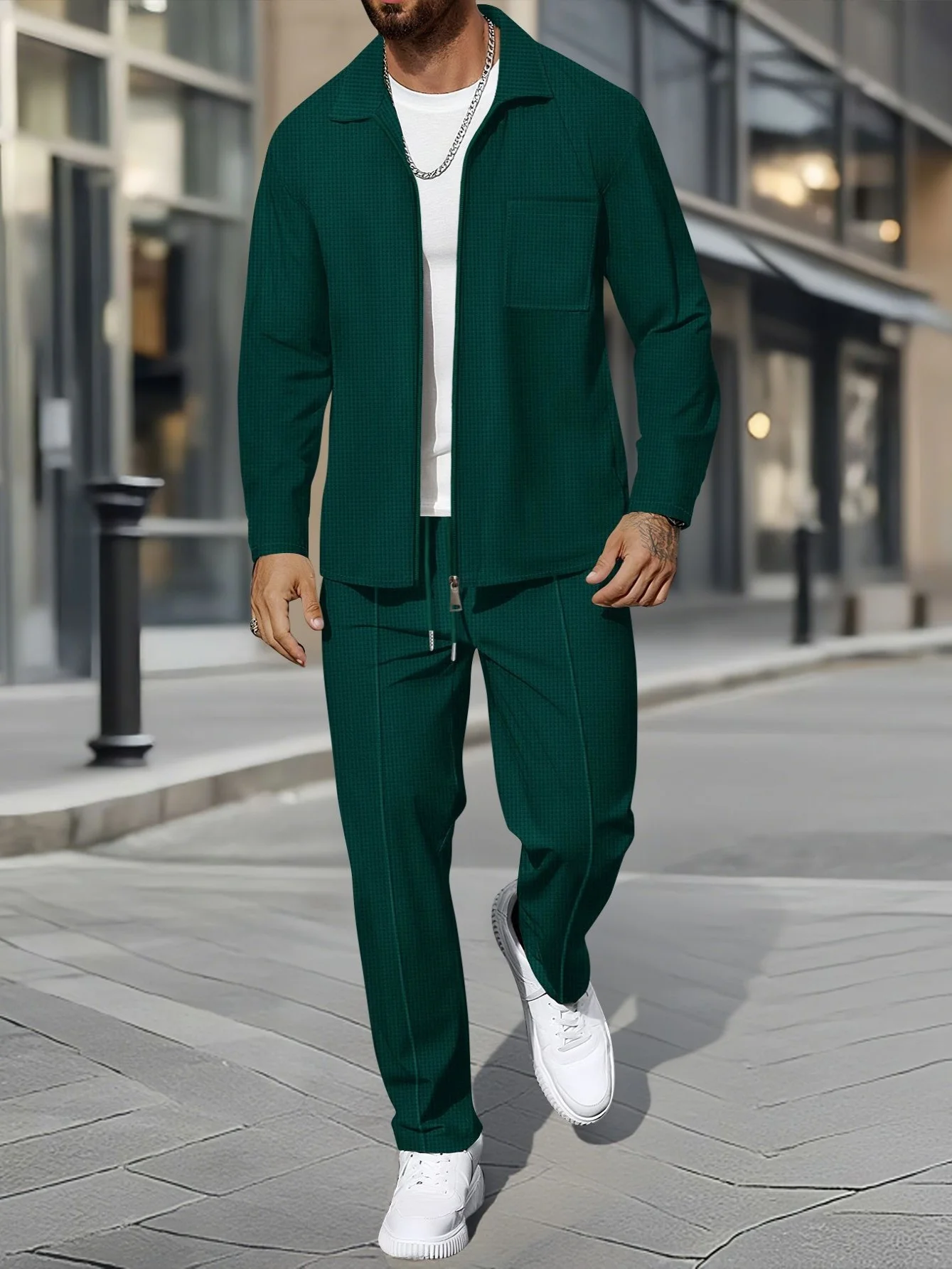 Ensemble manteau sportif décontracté à manches longues pour hommes, fermeture éclair, à la mode, Style de rue, tissu gaufré, ensemble deux pièces, printemps automne