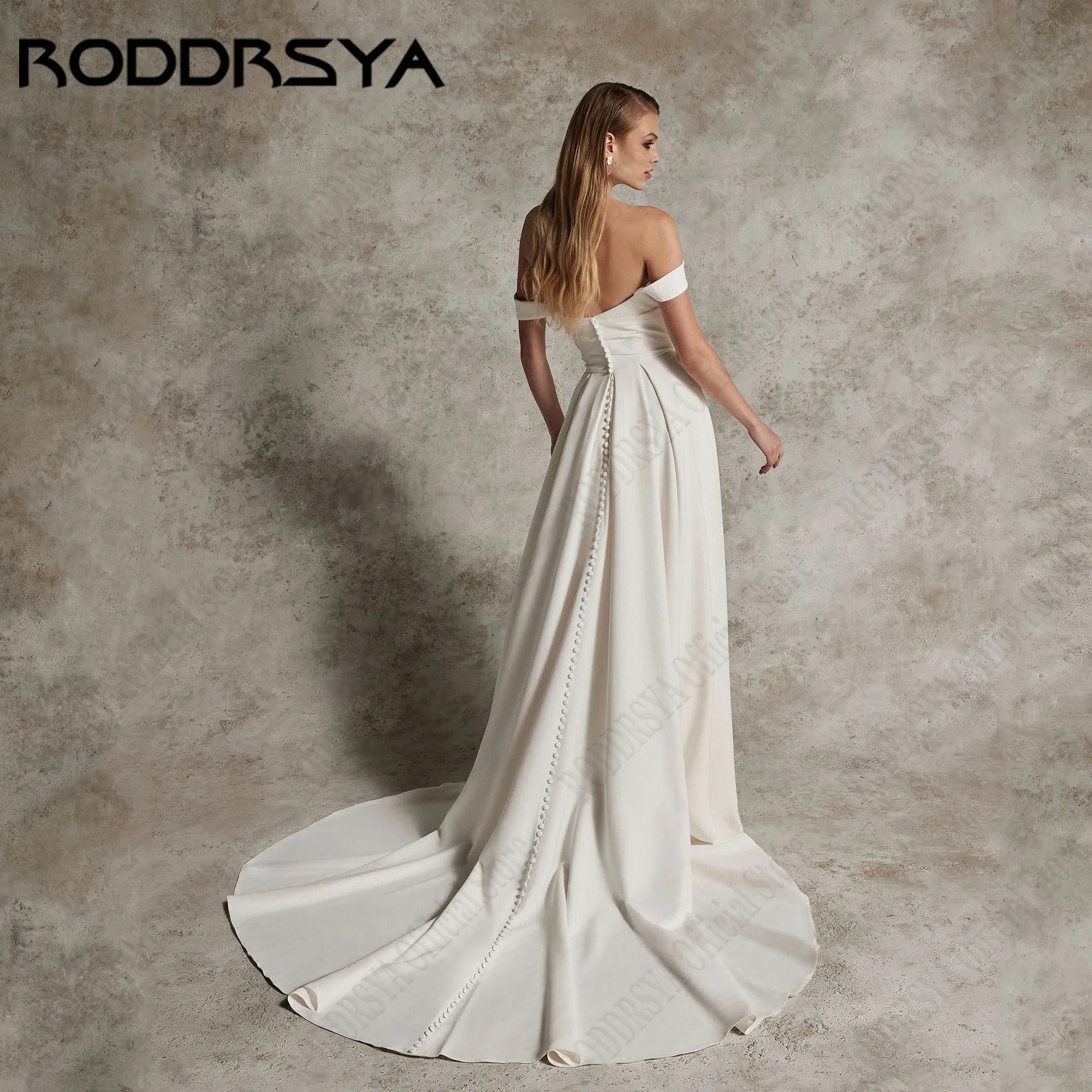 RODDRSYA Off Shoulder Bridal Gowns A-Line Simple Soft Satin Wedding Dresses With Side Slit Backless Buttons vestido Customized