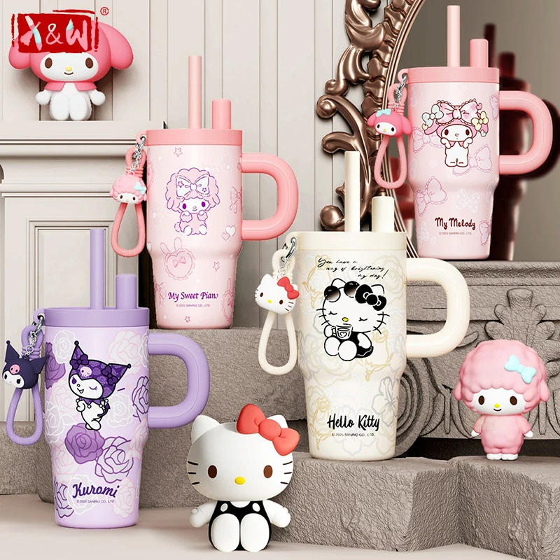 

Термокружка X&W For Sanrio 650 мл с соломинкой, милый дизайн Hello Kitty и Kuromi, для горячих и холодных напитков, дорожная кружка для автомобиля.