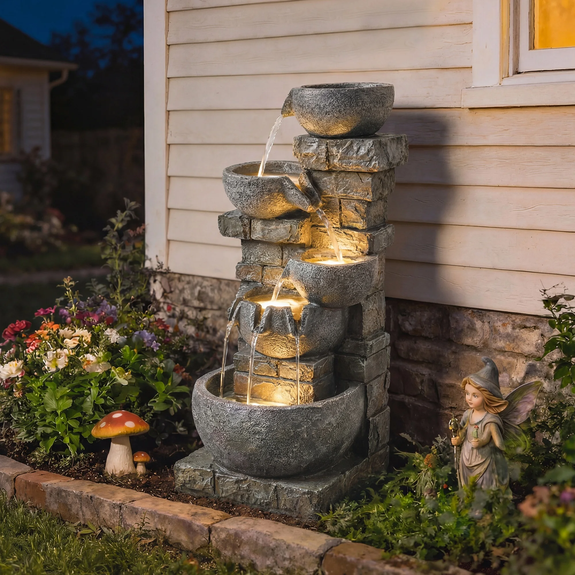 Outsunny Fuente Decorativa LED con Bomba, Cascada 5 Niveles, Resistente a Intemperie, 34x36x80 cm, Multicolor