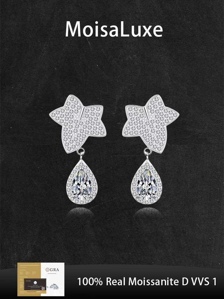 

MoisaLuxe Official Store GRA Moissanite Plata Sterling 925 Silver Fashion Jewelry Earrings Leaf Dripping Stud Earrings Day Gift