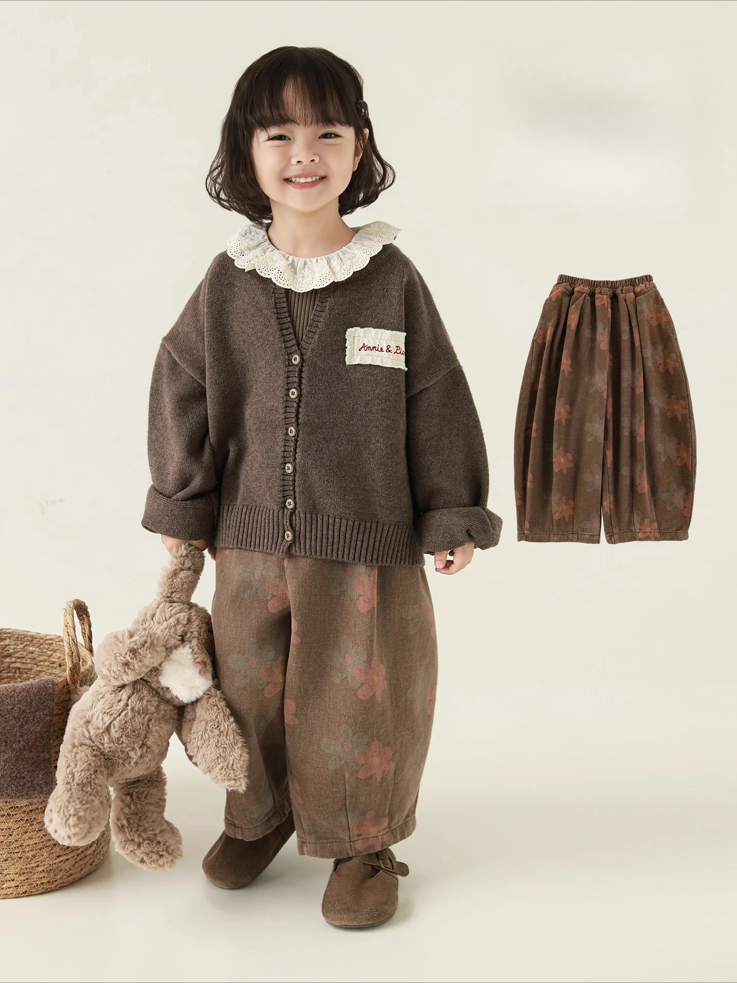 

Зимние теплые коричневые штаны-шаровары с цветочным принтом для девочек, кавайные мягкие штаны на флисовой подкладке, детские штаны для детей 1–7 лет