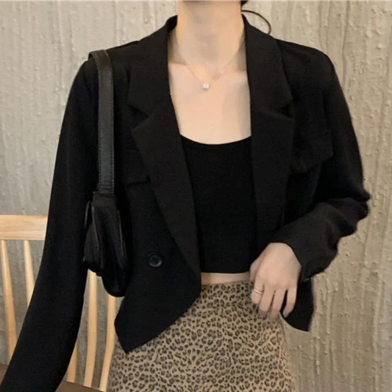 Cropped Blazers Women Office Lady Solid Streetwear Casual Clothing Aesthetic Mujer Vintage England Style Minimalist Tender Daily