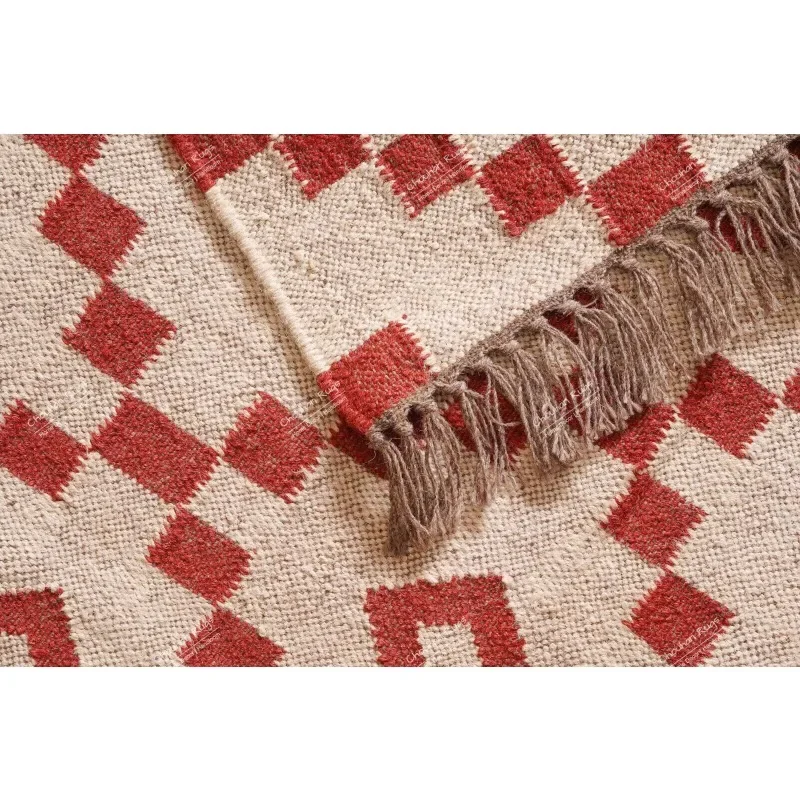 Handmade Off White with Red Design Wool Jute Kilim Dhurrie RunnerFringes Rug