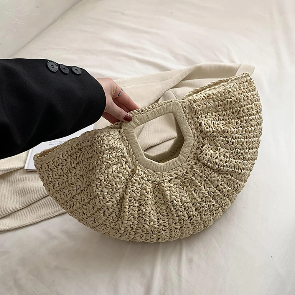 

Women Handmade Straw Tote Bag Large Capacity Bohemia Moon Handbag Solid Color Half-Moon Straw Handbag Summer Beach Bag