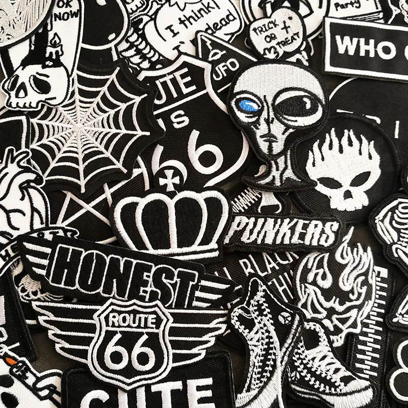 50pcs/lot Black White Punk Patches Iron On For Cloth Embroidery Hippie Badges Jacket Jeans Stickers Fabric DIY Sewing Appliques