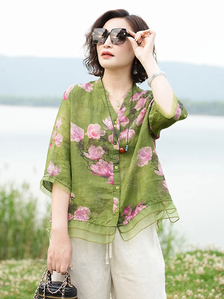 

Fashionable Linen Print Shirt Women's Summer High-end Retro Embroidered Top Versatile Cotton Linen Small Shirt Commute Style