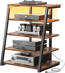 5-Tier AV Media Stand with Power Strips, Media Console with LED Lights, Audio Tower Rack with Adjustable Shelves, Stereo Stands