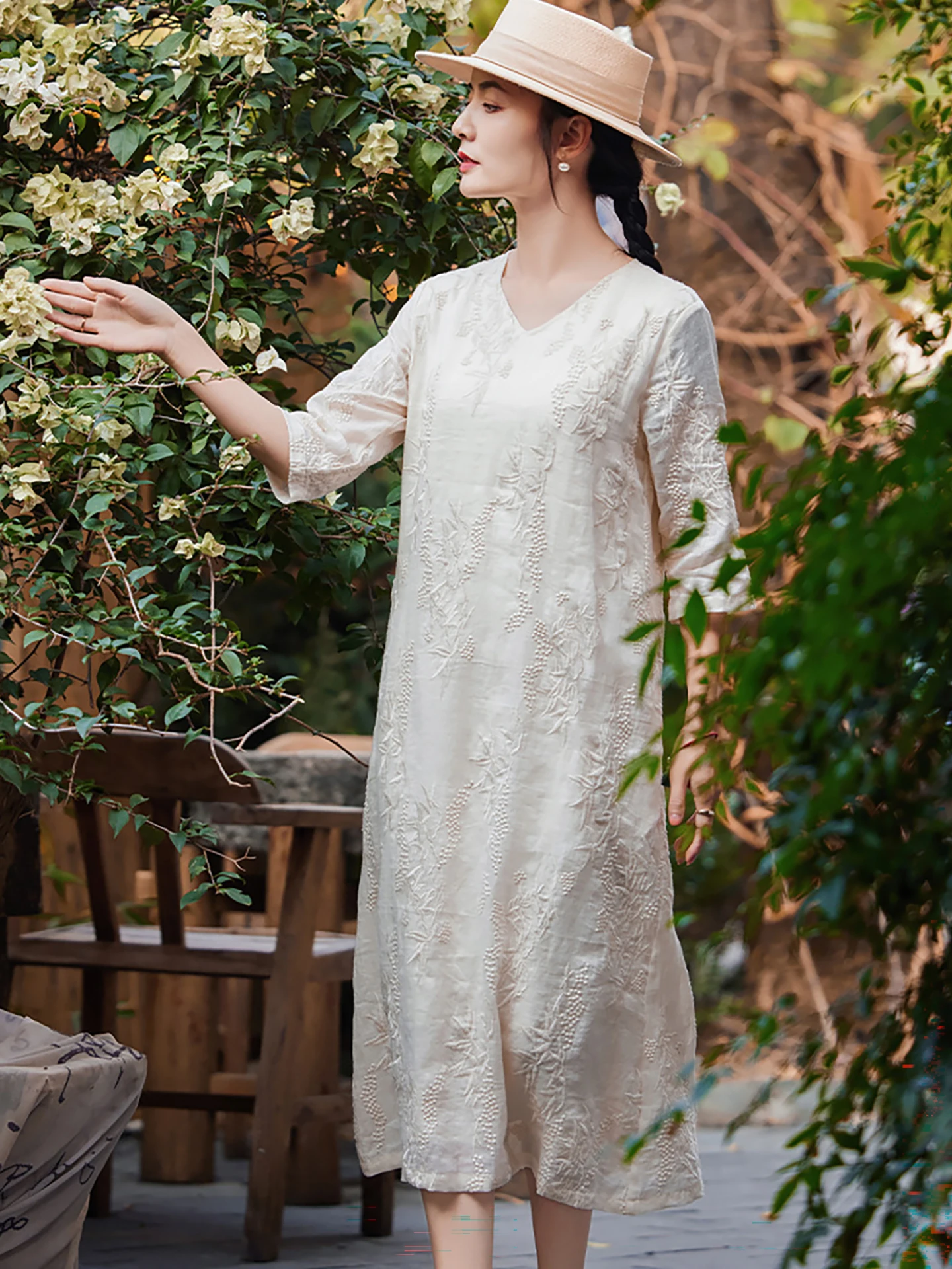 

Retro Hand Embroidery V-Neck Liner Cotton Linen Dress Loose A-Line Skirt Sleeve Length Seven Women's Clothing Casual Summer
