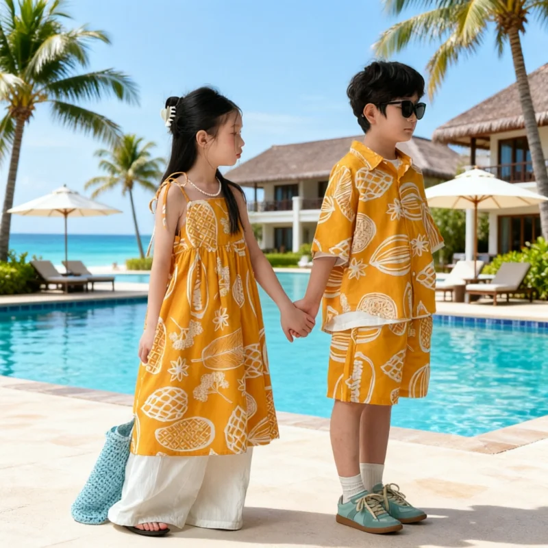 Vacation Summer Sibling Matching Outfits Kids Tropical Print 2PCS Set Boy Shirt + Shorts Girl Cami Dress Casual Loose Breathable