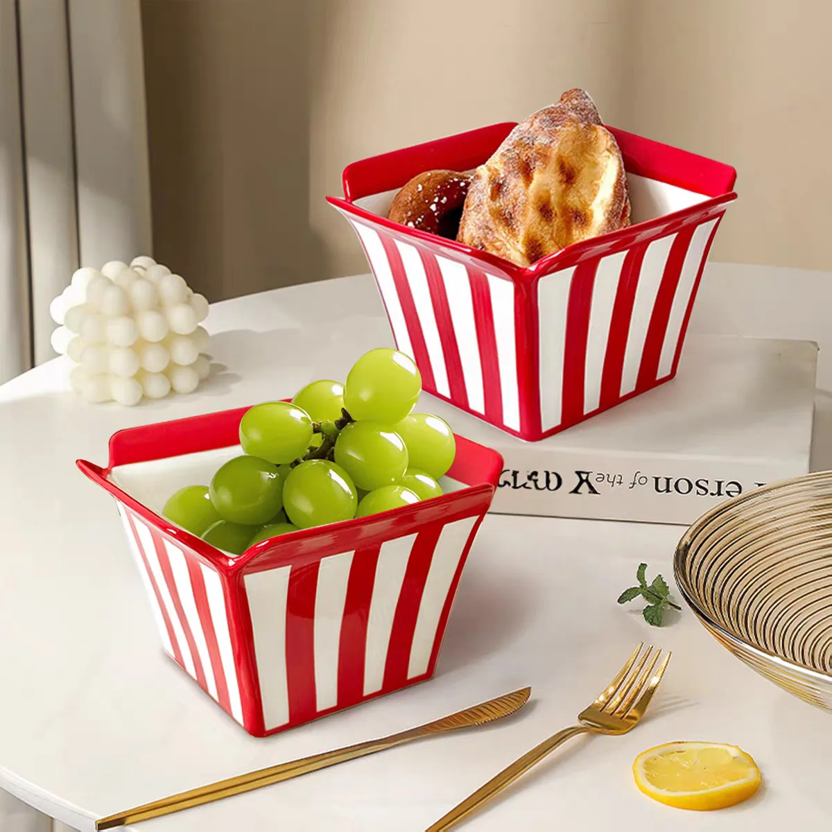French fries snacks fruit salad popcorn bowl ceramic square, high temperature resistant underglaze painted 6-inch microwave oven