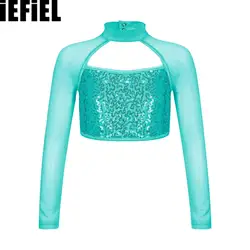 Kids Girls Shiny Sequins Dance Tops Mesh Decorated Crop Top Long Sleeve Round Collar Hollow Stylish Clothing