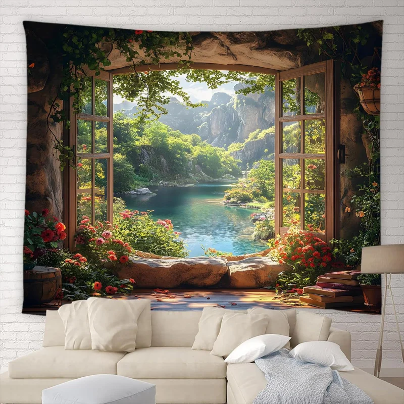 VIKAMA Natural Garden Tapestry: Forest, Mountains, Stone Walls, Green Leaves And Vines, Window Views, Wall Art, Home Decoration