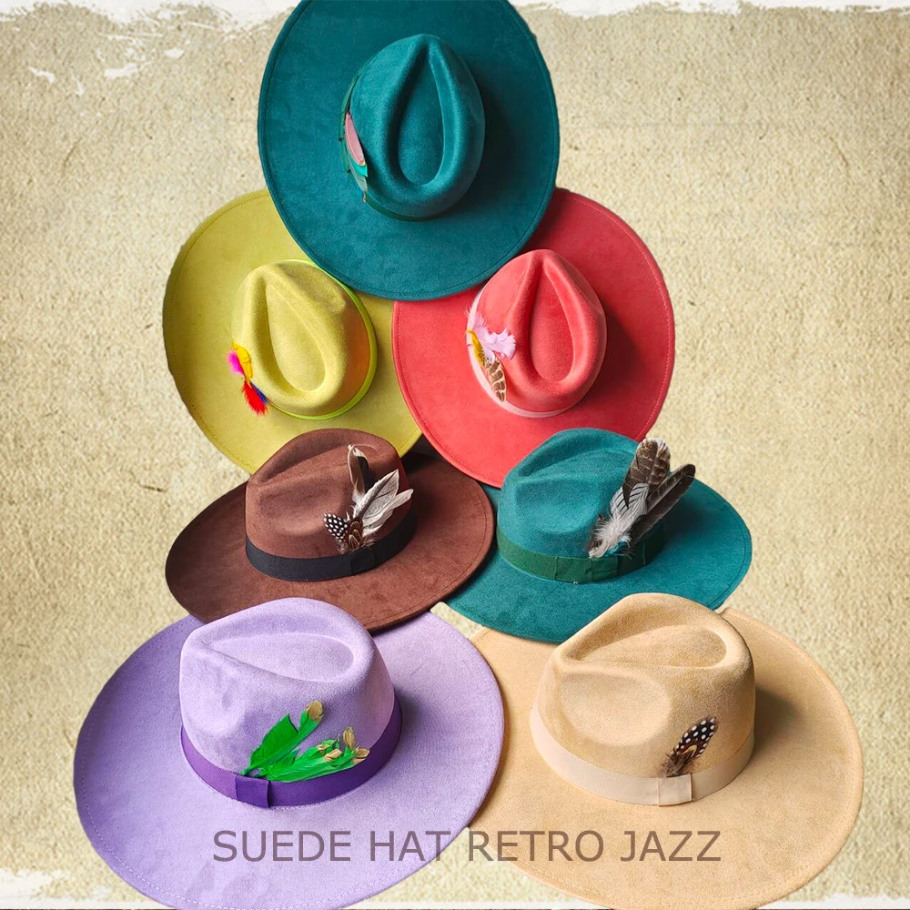 Retro Men\'s Suede Hats Wide Brim Feather Felt Fedoras Women\'s Hats Church Jazz Hats Panama Cowboy Hats Wholesale sombrero hombre