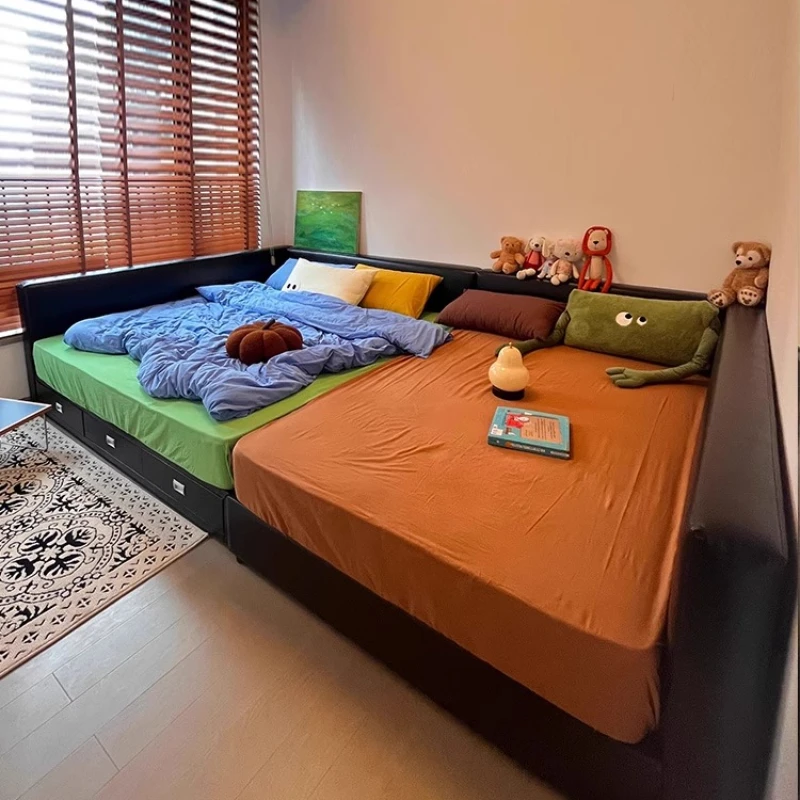 

Parent-child bed Two-child family splicing combination with guardrail Drawer Storage Master bedroom King bed 2.4x2m leather bed