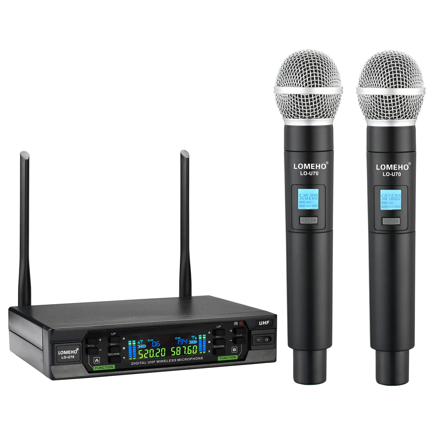 Professional 2*100 Channels UHF Wireless Microphone 40m Cardioid Dynamic Handheld Mic with Receiver for Performance Party LO-U70