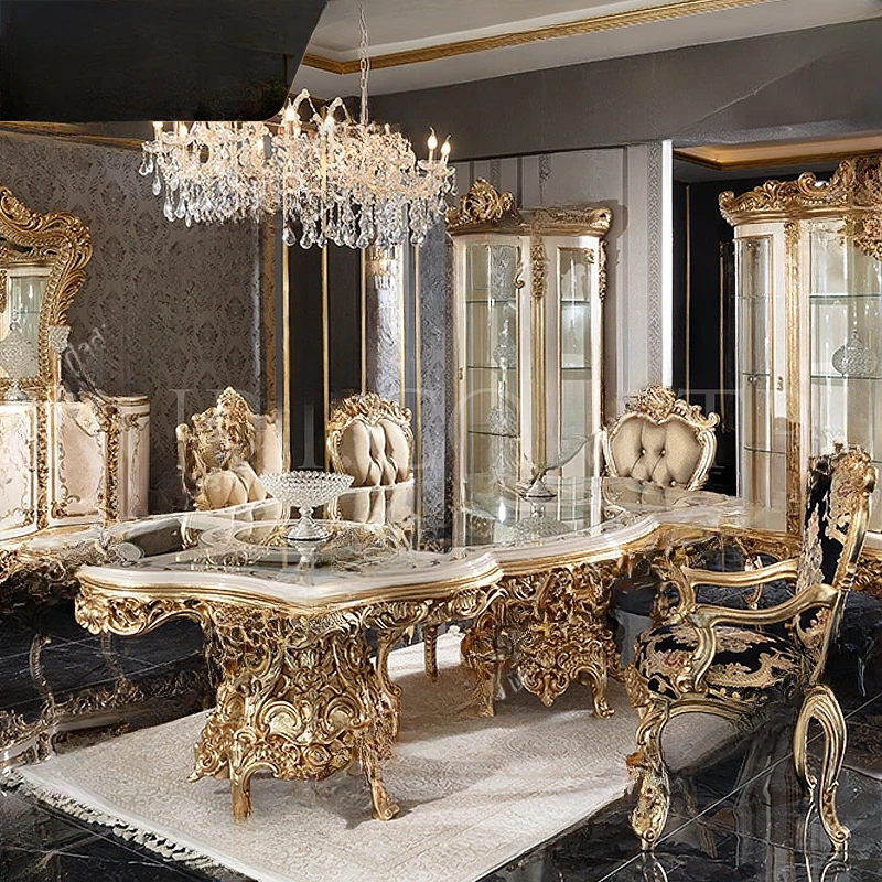 French Solid Wood Carved Gold Foil Dining Table and Chair Luxury European Long Table Furniture Customization for Large