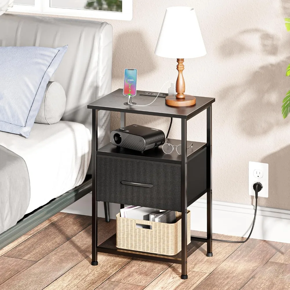 Nightstands Set of 2 with Fast Charging Station and Drawer, End Table Bedside Table with 20 Colors LED Light Strip