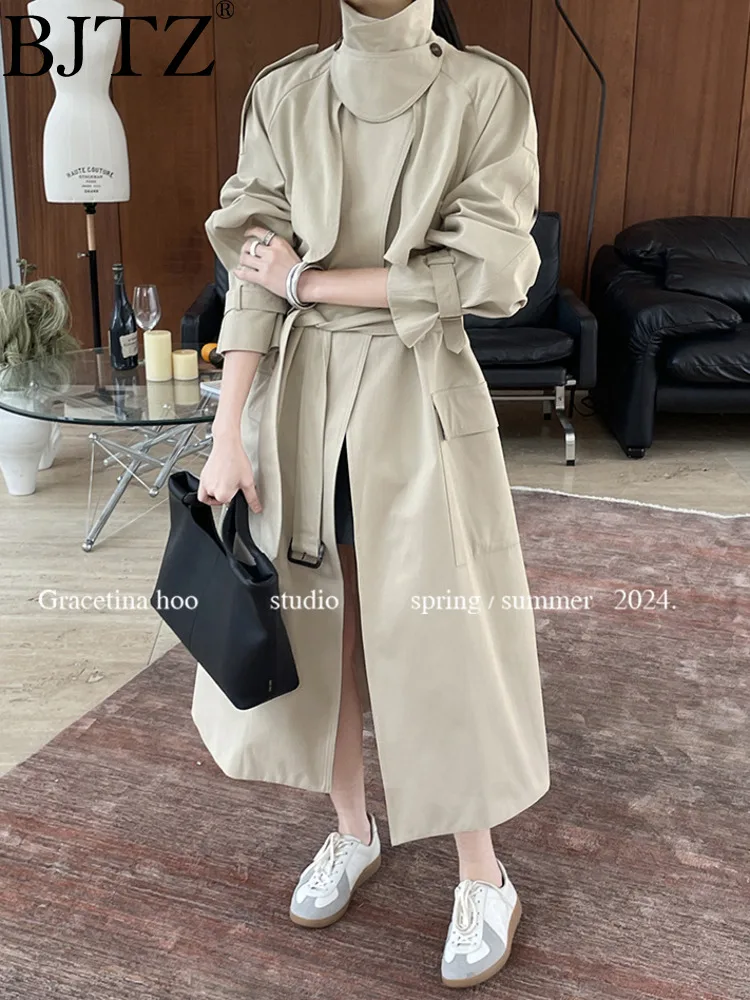 

BJTZ Retro Classic Three Dimensional Waist Fold Collar Silhouette Office Lady Windbreaker Coat For Women 2024 Spring New HL47