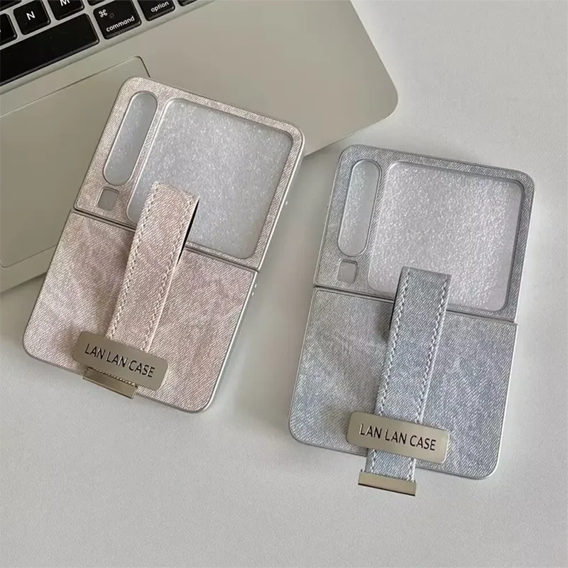 

Premium Denim Texture Wrist Strap Case for Samsung Galaxy Z Flip 6/5/4 /Xiaomi Mix Flip/Huawei Pura X Anti-dirt Shockproof Cover