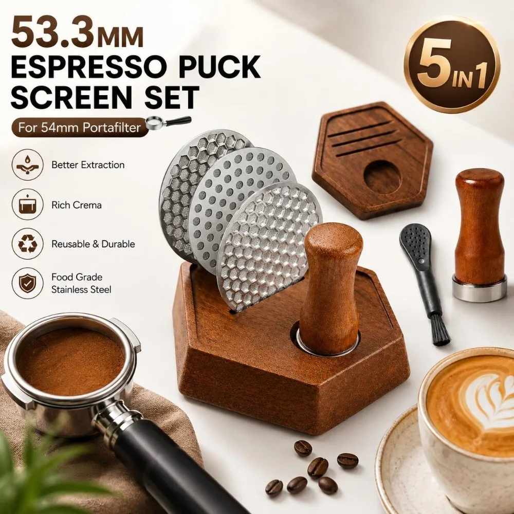Dual Puck Screens Espresso Puck Screen Kit Magnetic Pickup Sapele Wood Stand Coffee Puck Screen Set Reusable Dual Hole Patterns