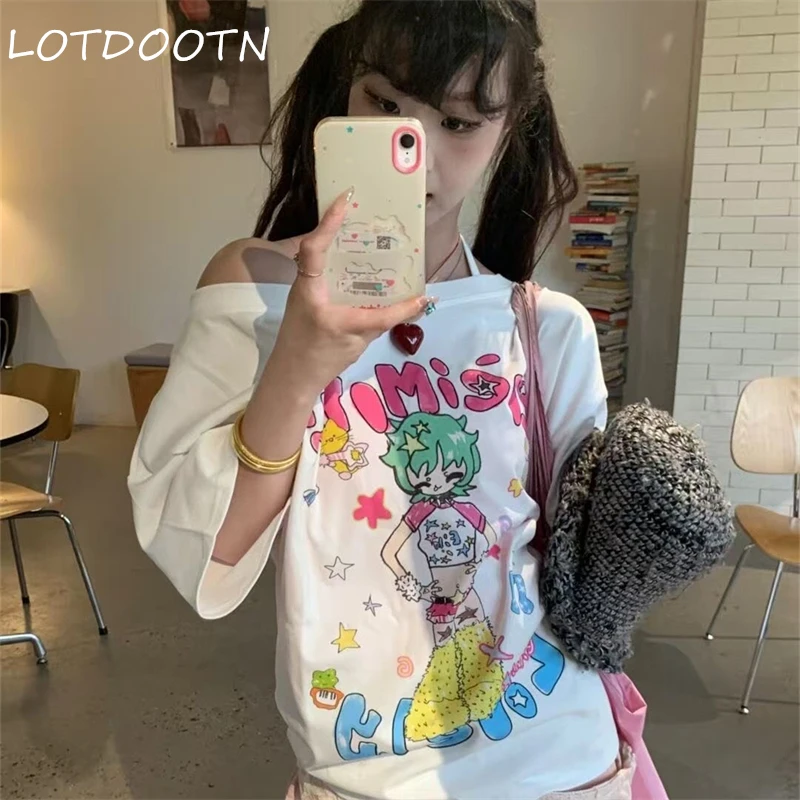 

LOTDOOTN Граффити Звезды Девушка Комиксы Графические футболки Y2K Корейские милые женские футболки в стиле гранж-панк для девочек Хлопковые сексуальные топы с открытыми плечами