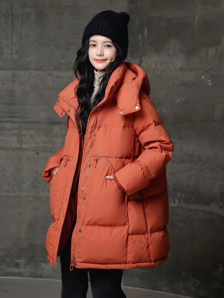 2024 New Women\'s Down Jacket Hooded Parkas Simple 90 White Duck Down Light Fluffy Warm Jacket Medium-length Bread Down Jacket